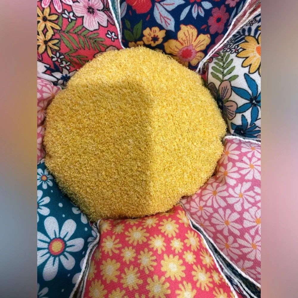 Vintage cottage inspired quilt look sunflower shaped‎ decor pillow brand new